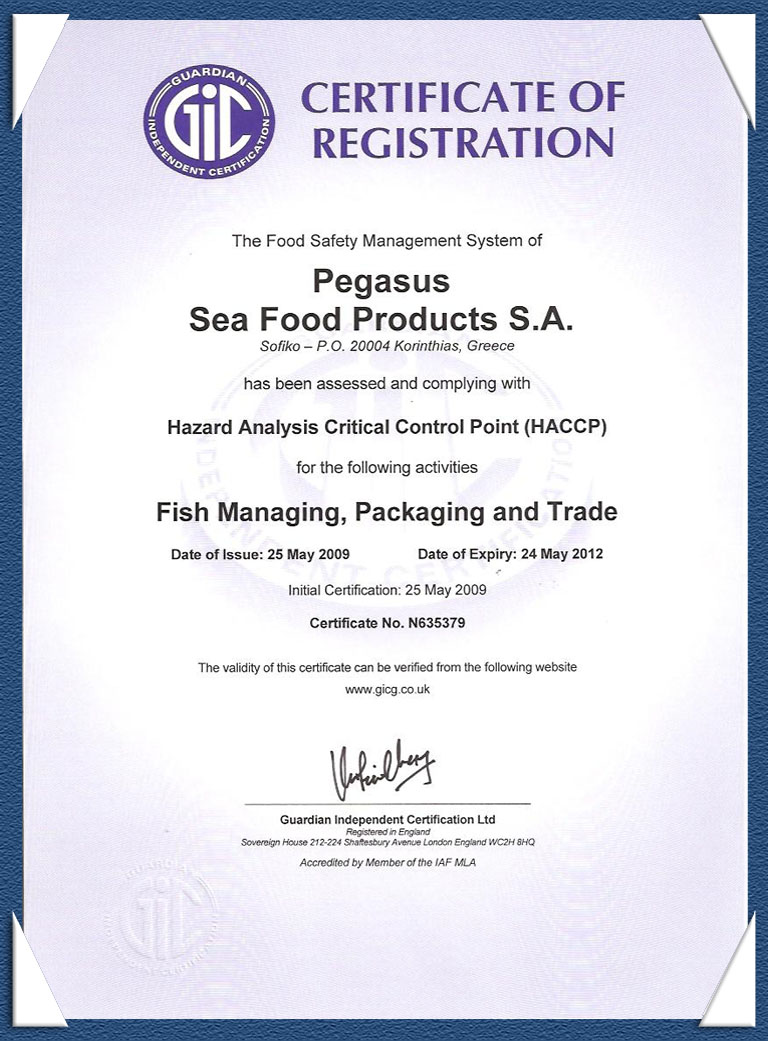 Certificate HACCP Pegasus seafood